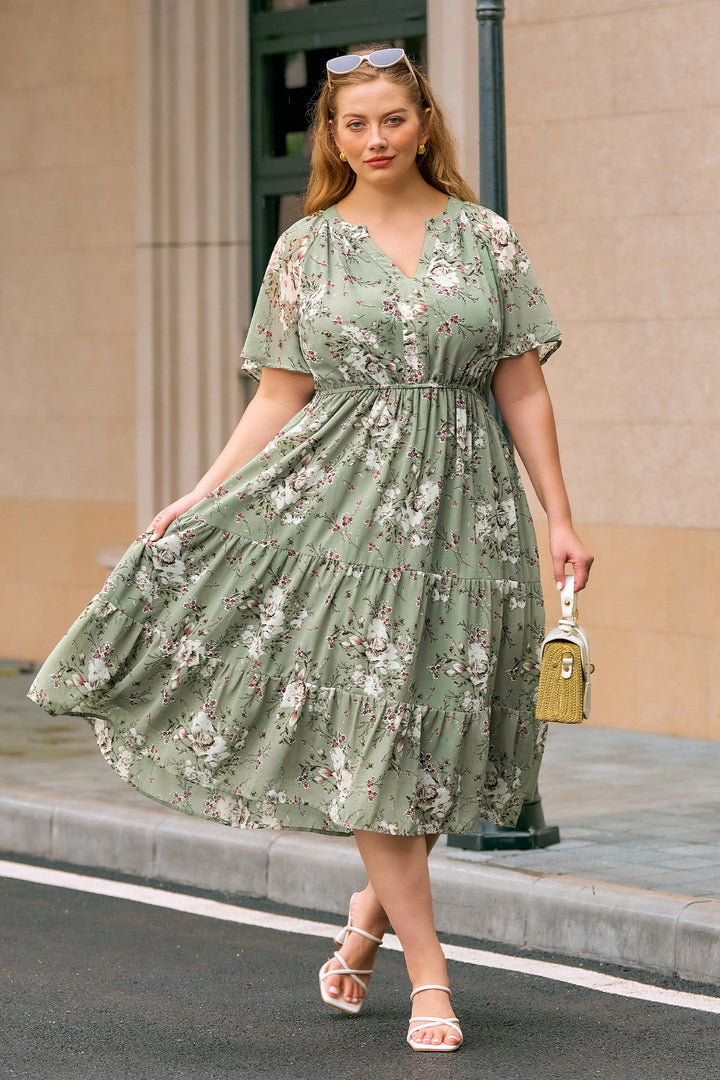Floral tiered midi dress ruched V-neck with pockets plus size for women