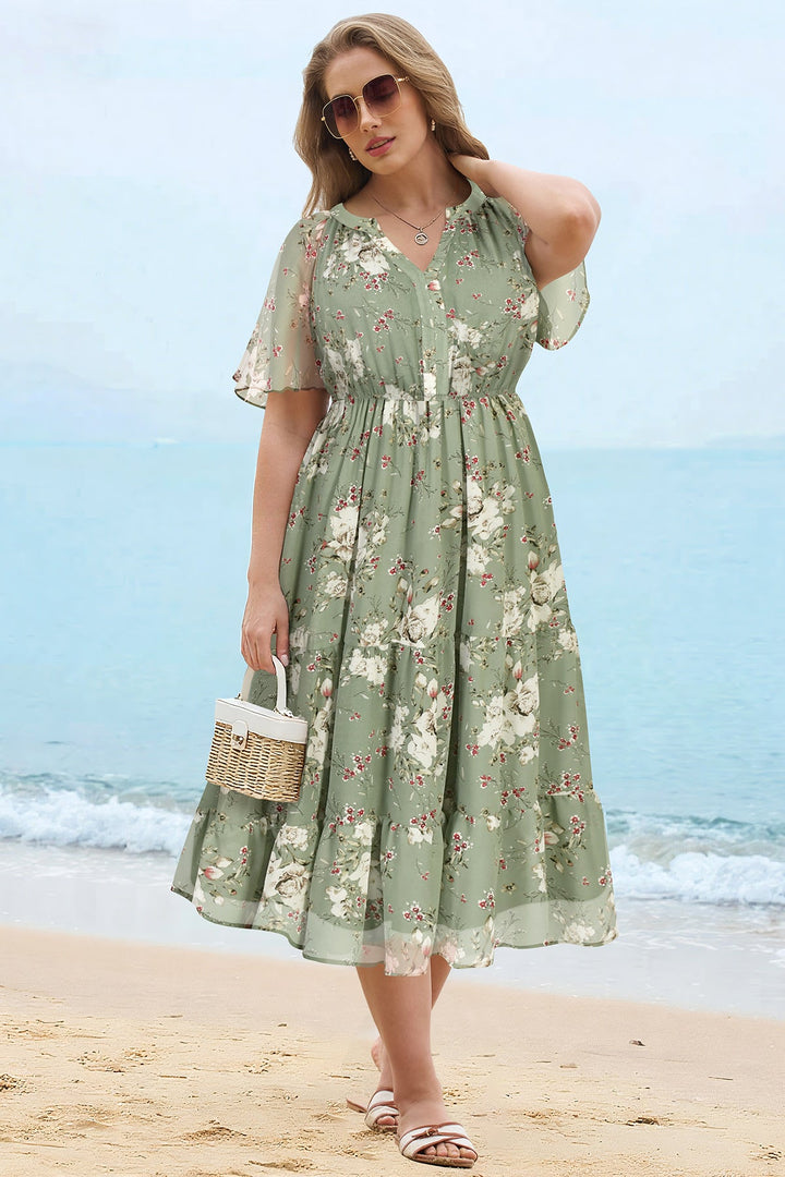 Floral tiered midi dress ruched V-neck with pockets plus size for women