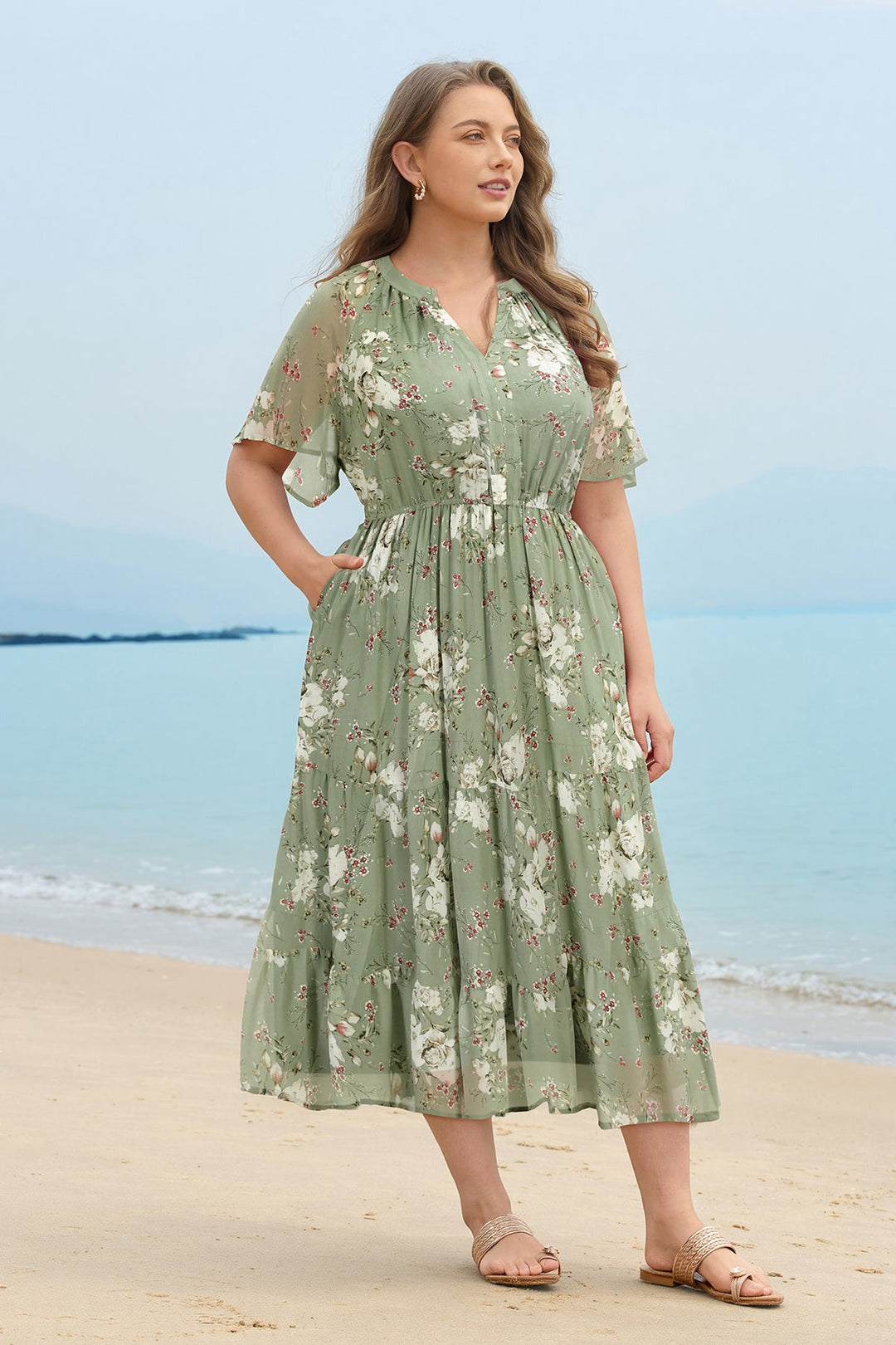 Floral tiered midi dress ruched V-neck with pockets plus size for women