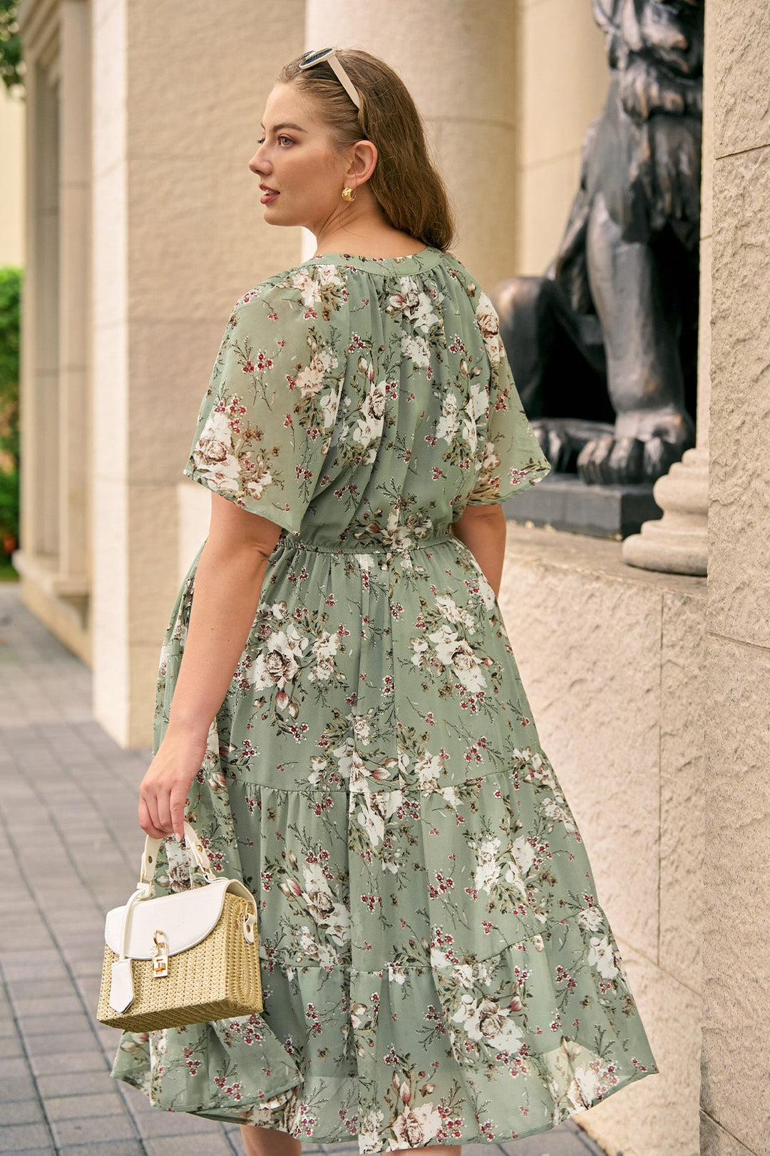 Floral tiered midi dress ruched V-neck with pockets plus size for women