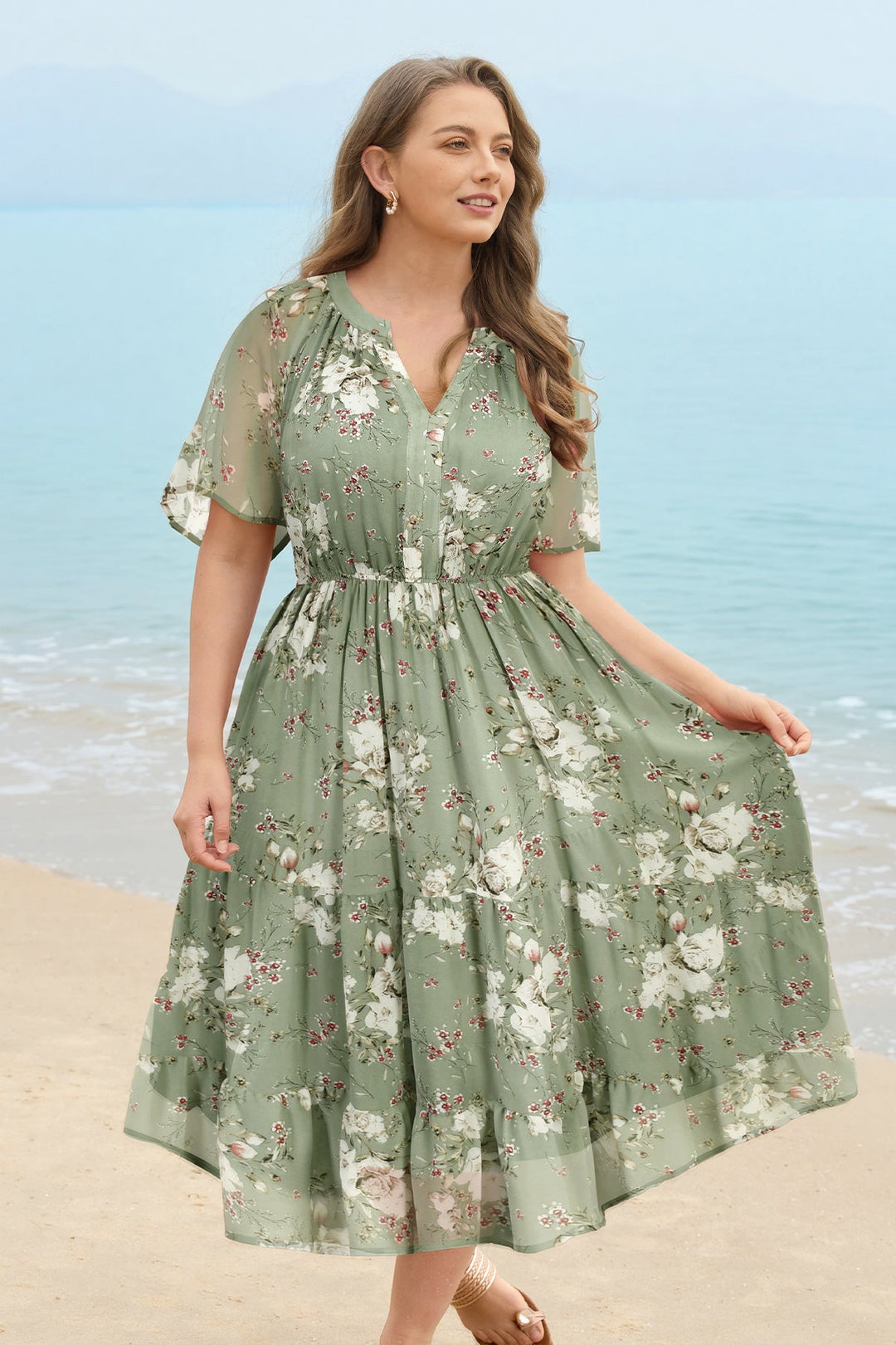 Floral tiered midi dress ruched V-neck with pockets plus size for women