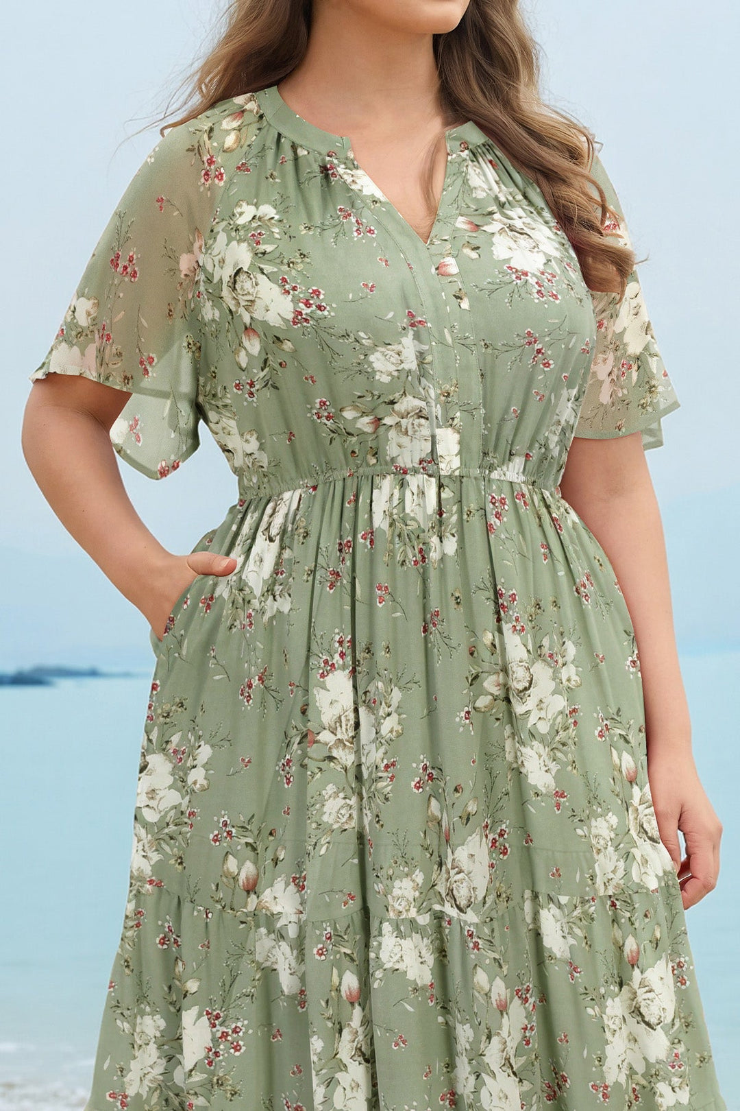 Floral tiered midi dress ruched V-neck with pockets plus size for women