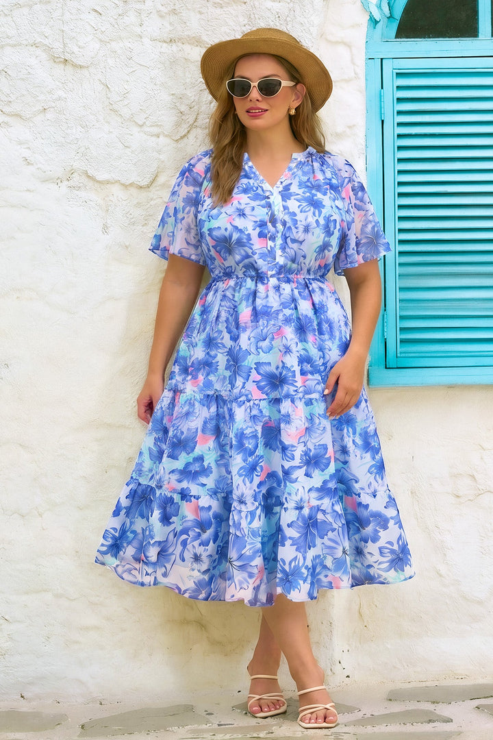 Floral tiered midi dress ruched V-neck with pockets plus size for women