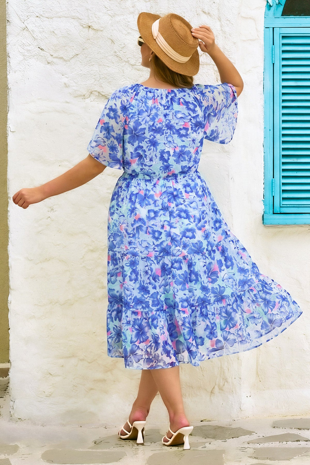 Floral tiered midi dress ruched V-neck with pockets plus size for women