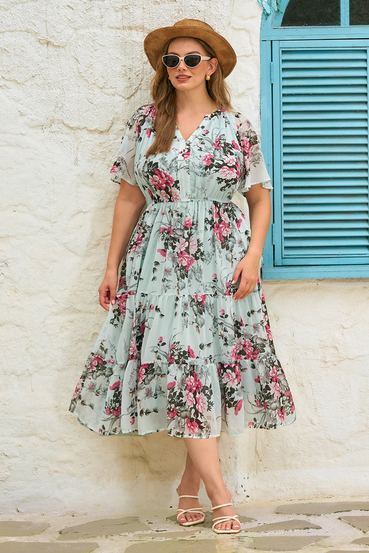 Floral tiered midi dress ruched V-neck with pockets plus size for women