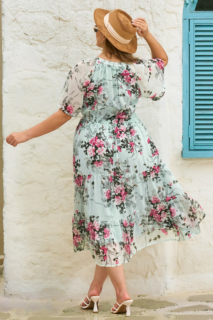 Floral tiered midi dress ruched V-neck with pockets plus size for women