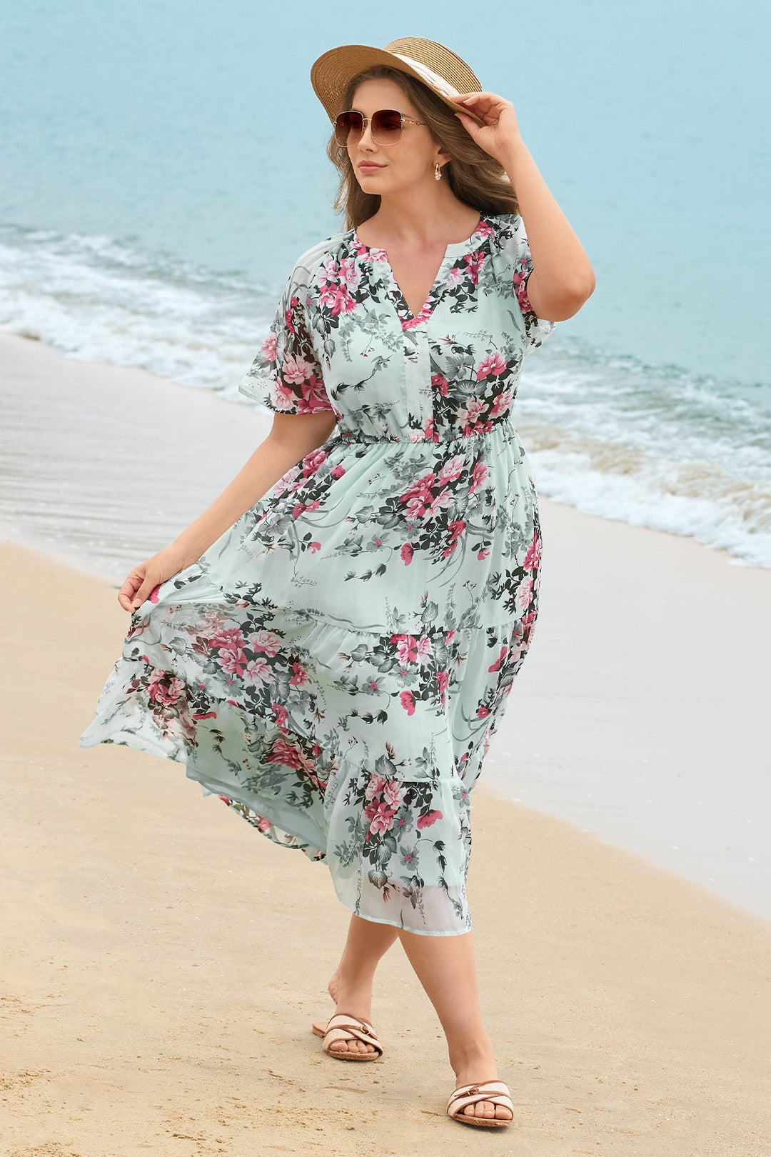 Floral tiered midi dress ruched V-neck with pockets plus size for women