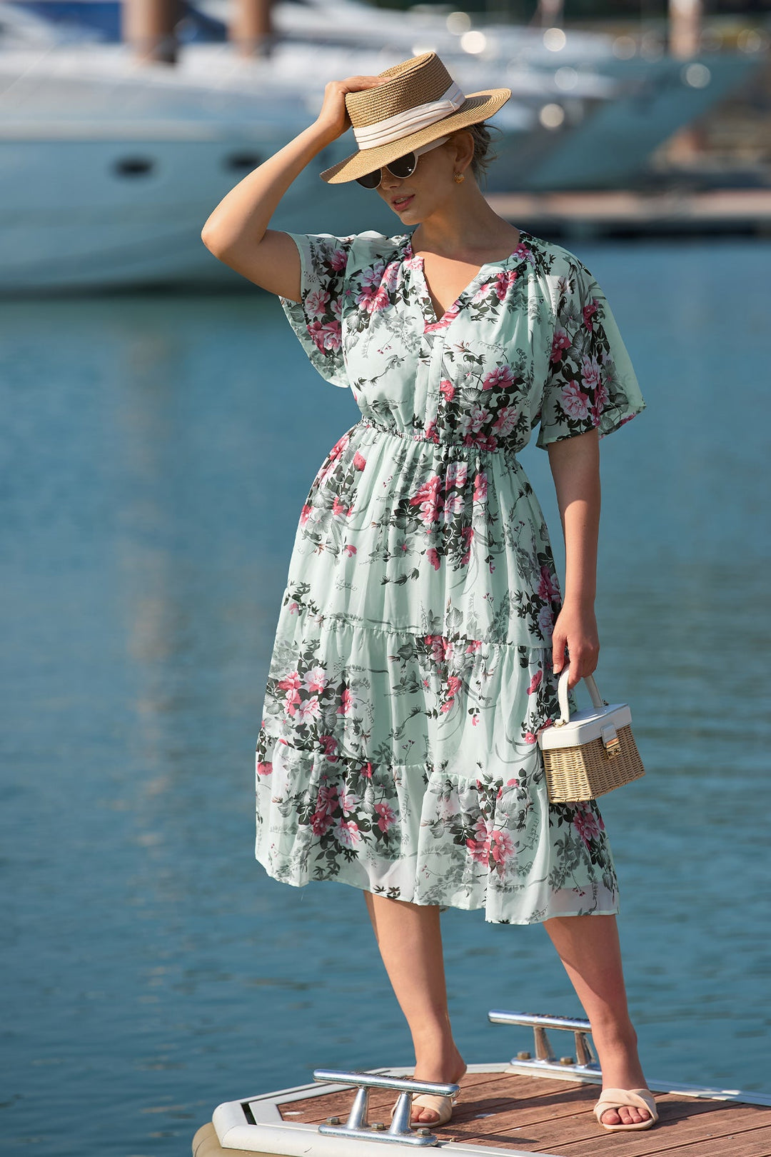 Floral tiered midi dress ruched V-neck with pockets plus size for women