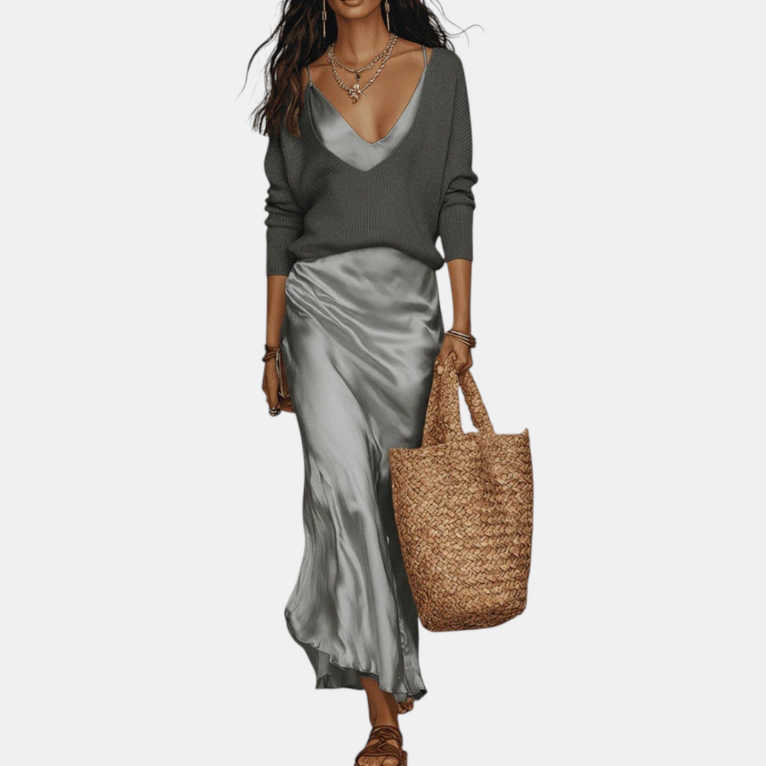Knit sweater and satin midi skirt set two-piece for women