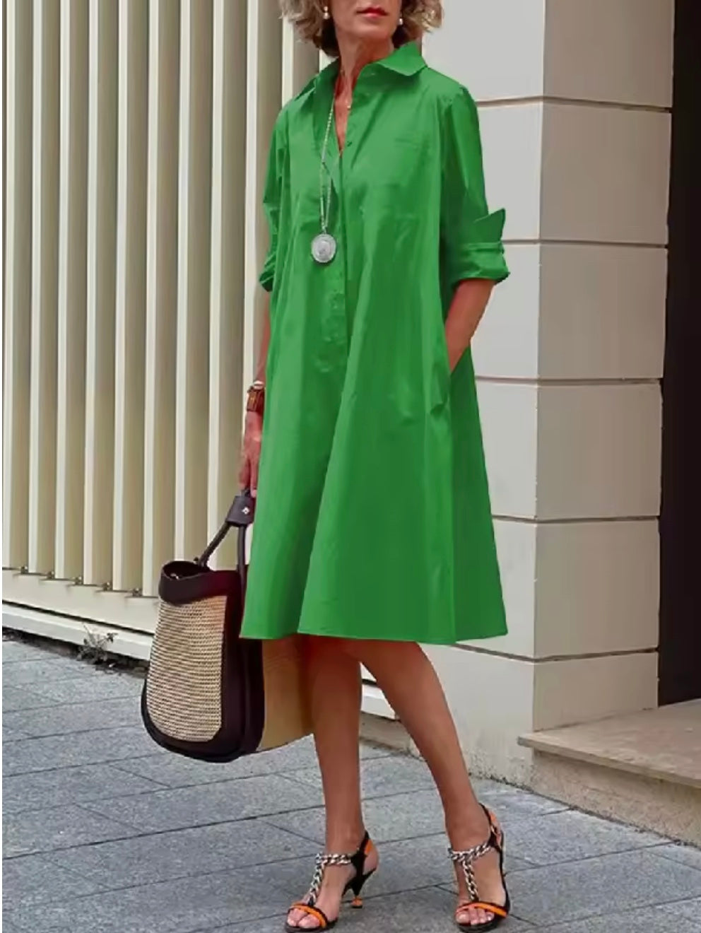 Cotton-blend shirt dress with collar and 3/4 sleeves for women