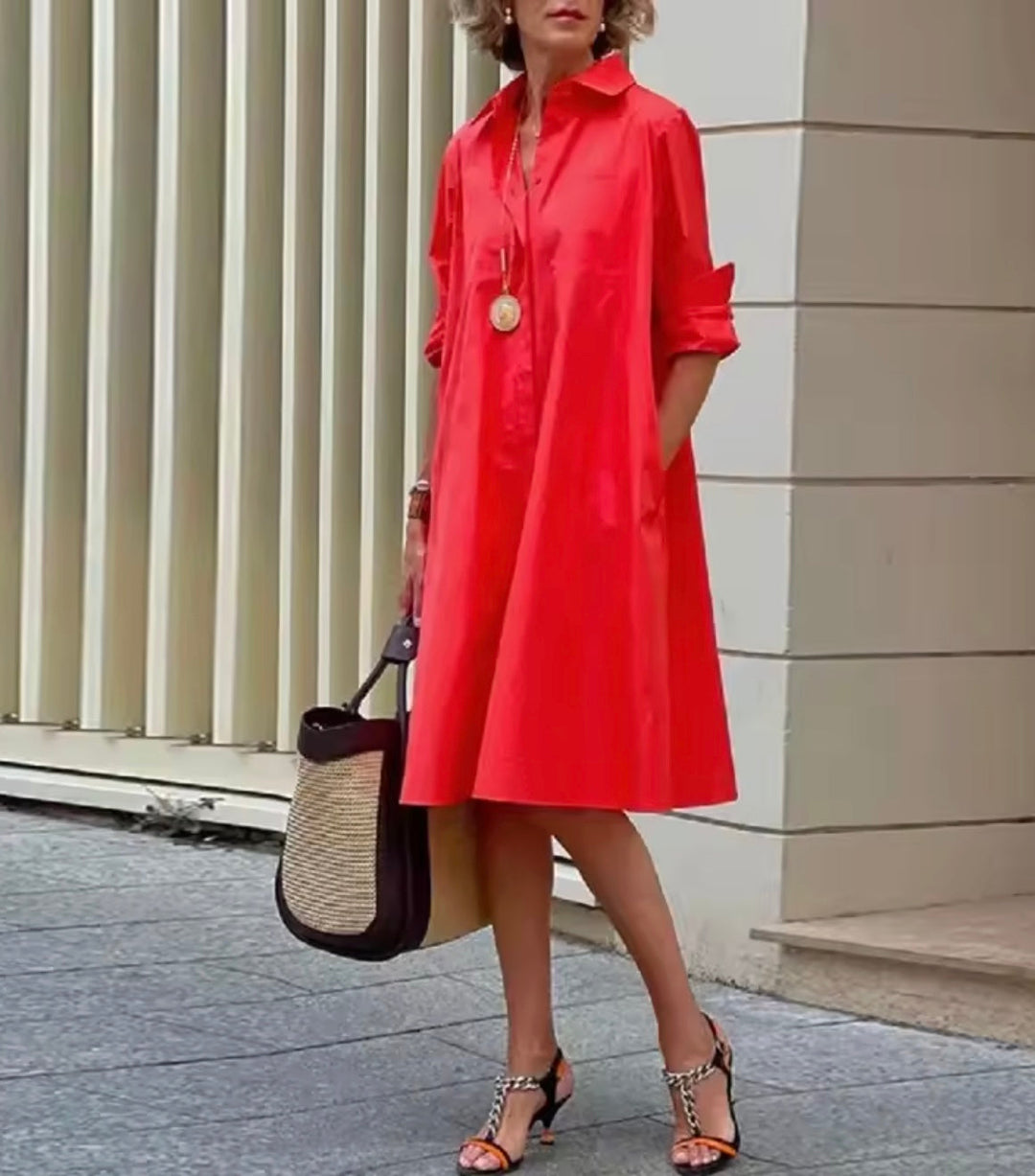 Cotton-blend shirt dress with collar and 3/4 sleeves for women