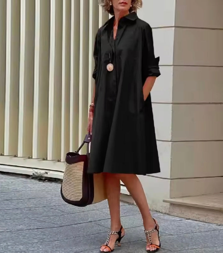 Cotton-blend shirt dress with collar and 3/4 sleeves for women