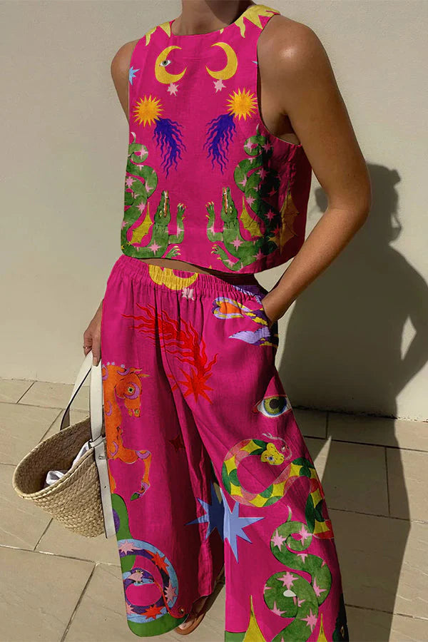 Island Dreaming Linen Blend Unique Print Pants Set