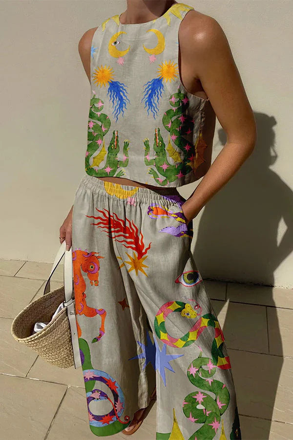 Island Dreaming Linen Blend Unique Print Pants Set