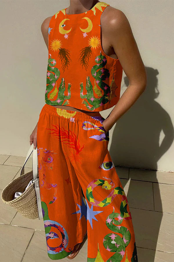 Island Dreaming Linen Blend Unique Print Pants Set