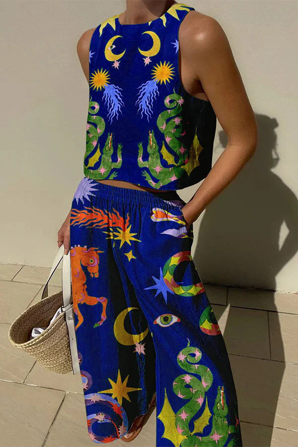 Island Dreaming Linen Blend Unique Print Pants Set