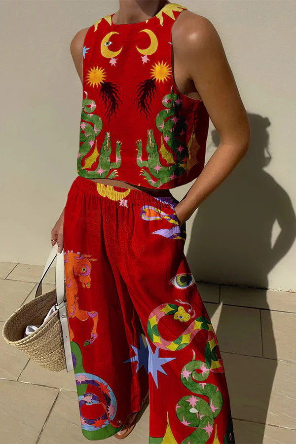 Island Dreaming Linen Blend Unique Print Pants Set