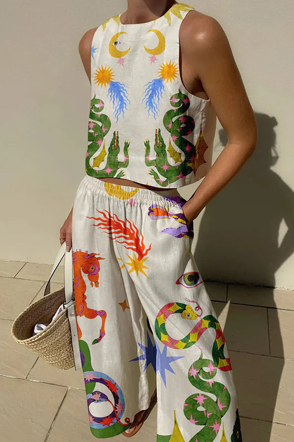 Island Dreaming Linen Blend Unique Print Pants Set
