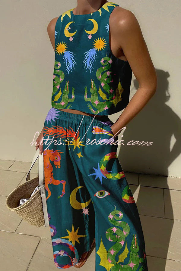 Island Dreaming Linen Blend Unique Print Pants Set