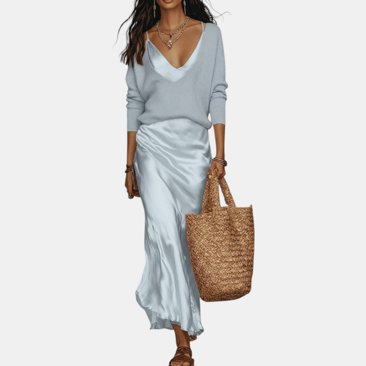 Knit sweater and satin midi skirt set two-piece for women