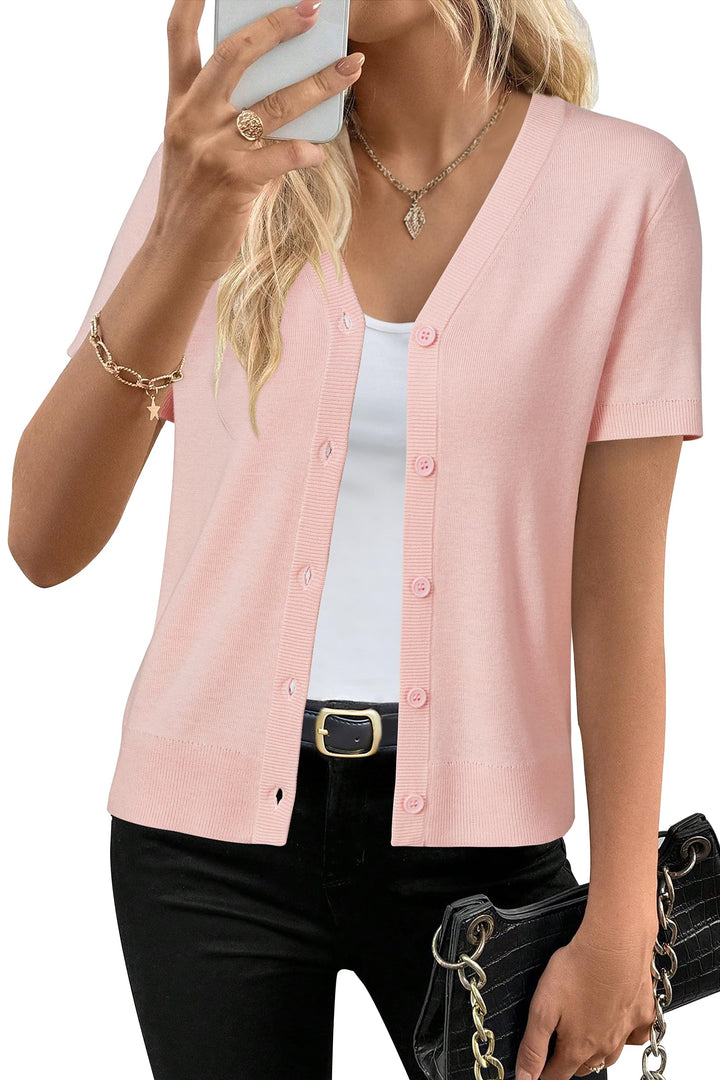 Short sleeve knit cardigan wool blend with button front for women