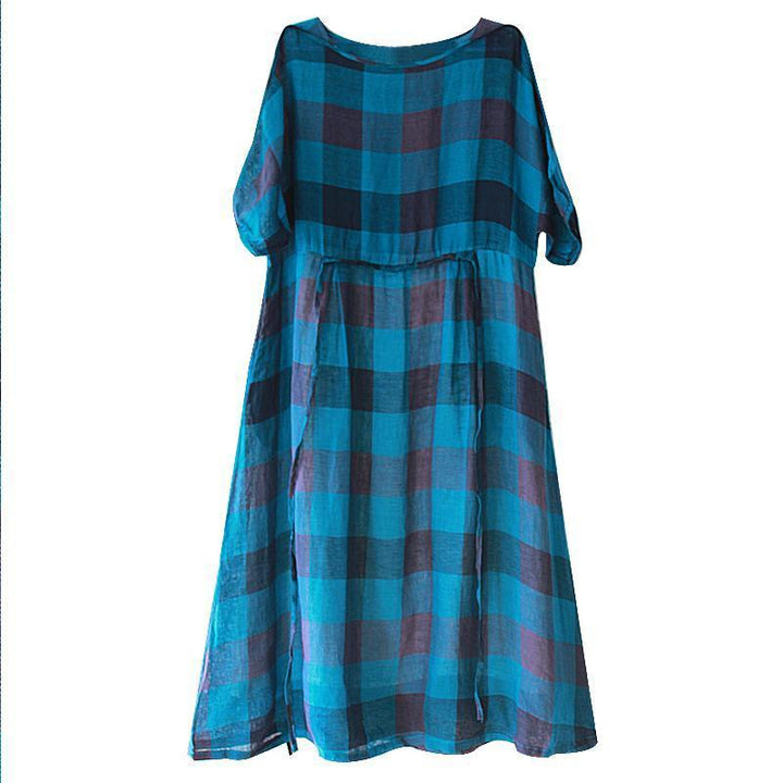 Plus size linen plaid midi dress with pleats and half sleeves for women