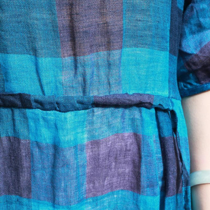 Plus size linen plaid midi dress with pleats and half sleeves for women