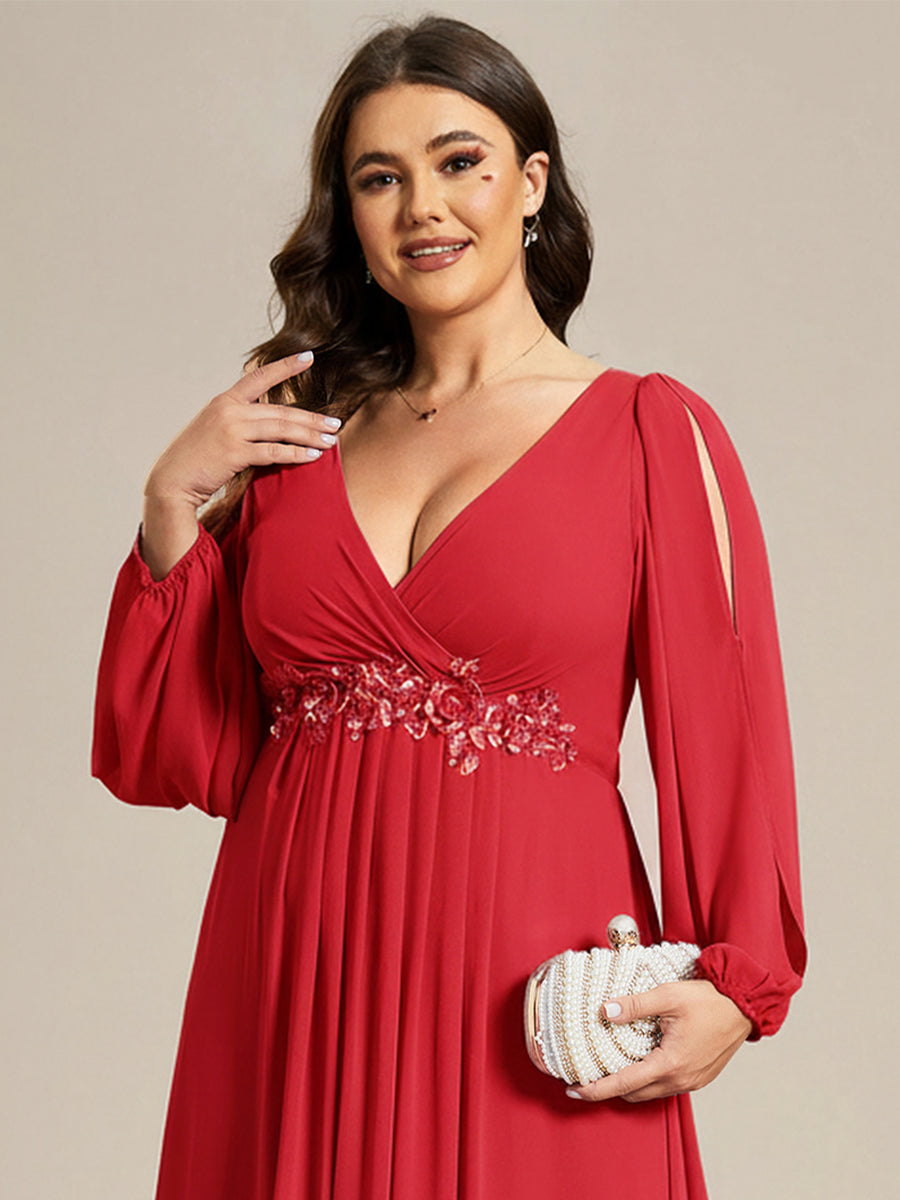Plus size chiffon evening dress with long lantern sleeves for women
