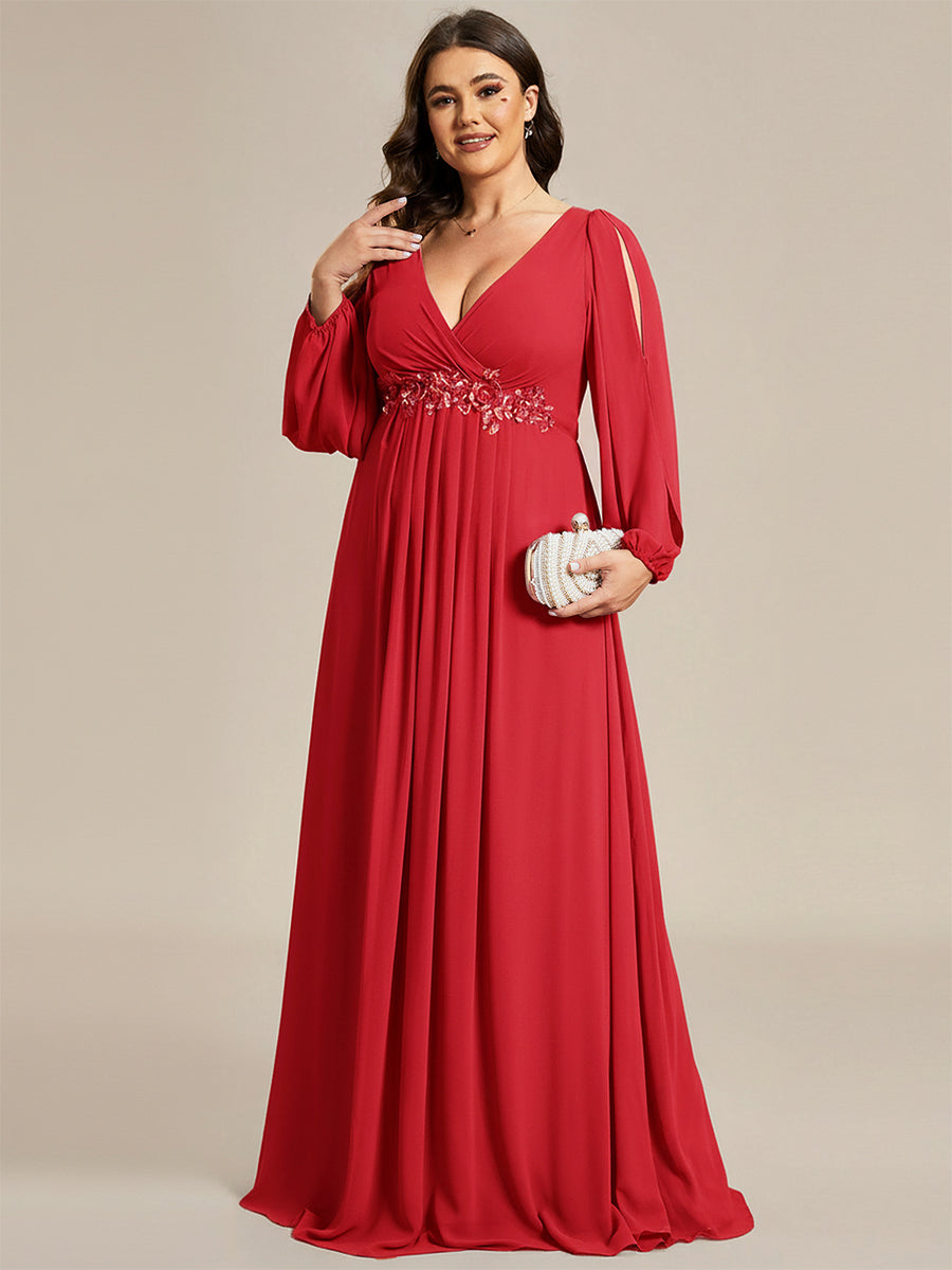 Plus size chiffon evening dress with long lantern sleeves for women
