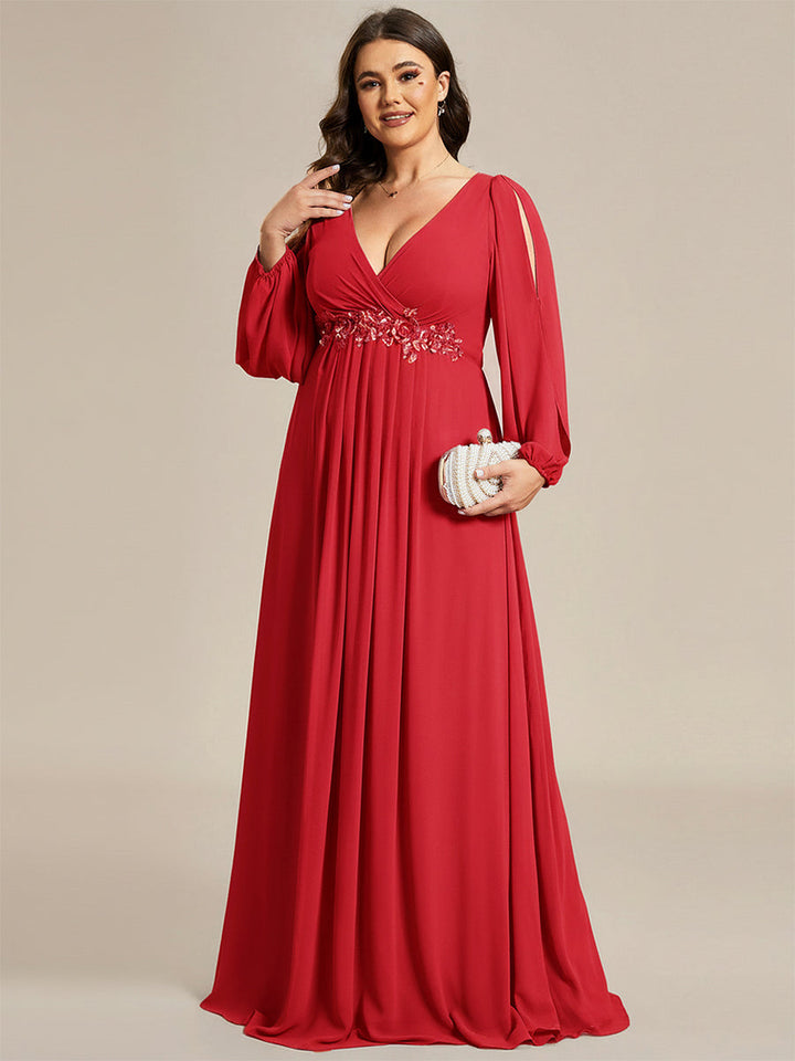 Plus size chiffon evening dress with long lantern sleeves for women