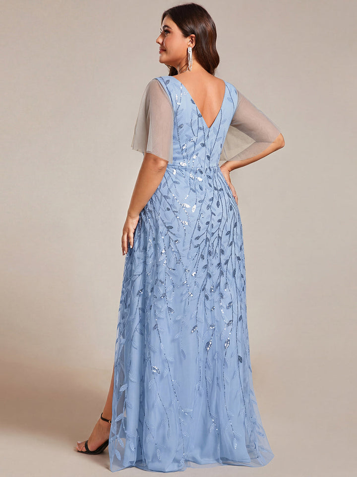 Plus size sequin high-low midi evening dress with short sleeves for women