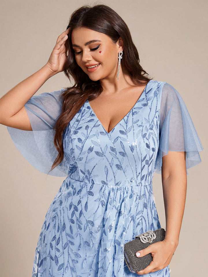 Plus size sequin high-low midi evening dress with short sleeves for women