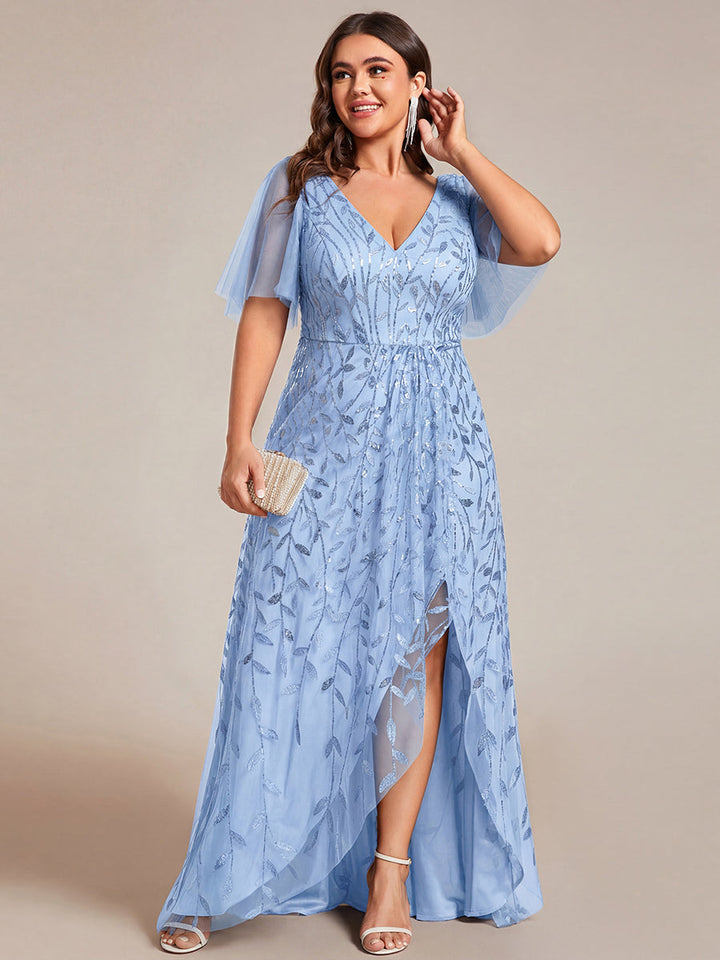 Plus size sequin high-low midi evening dress with short sleeves for women