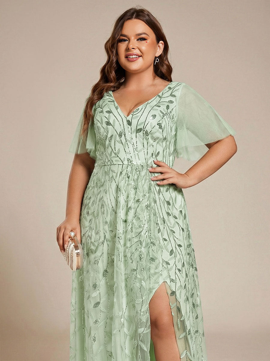 Plus size sequin high-low midi evening dress with short sleeves for women
