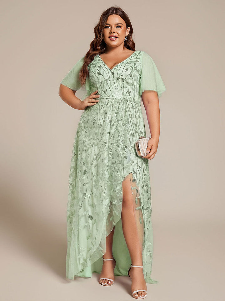 Plus size sequin high-low midi evening dress with short sleeves for women