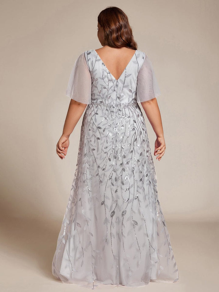 Plus size sequin high-low midi evening dress with short sleeves for women