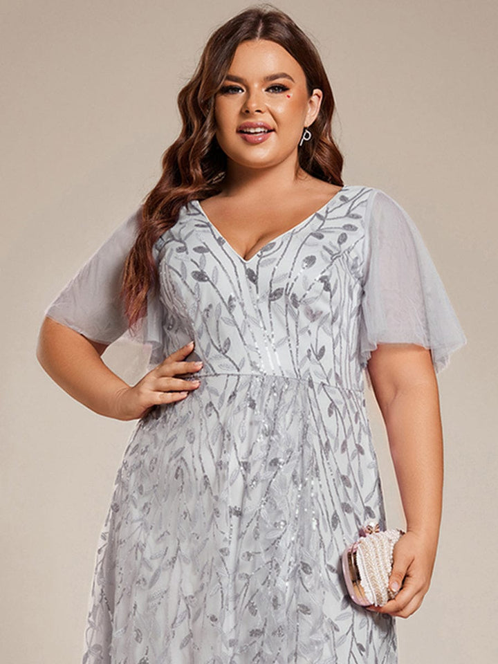 Plus size sequin high-low midi evening dress with short sleeves for women