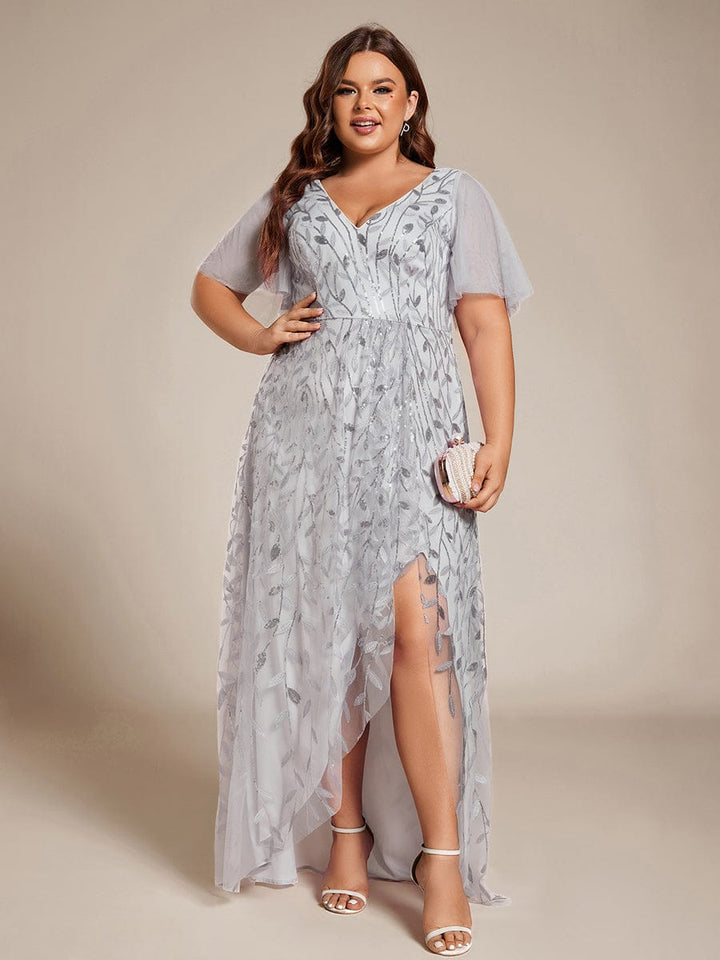 Plus size sequin high-low midi evening dress with short sleeves for women