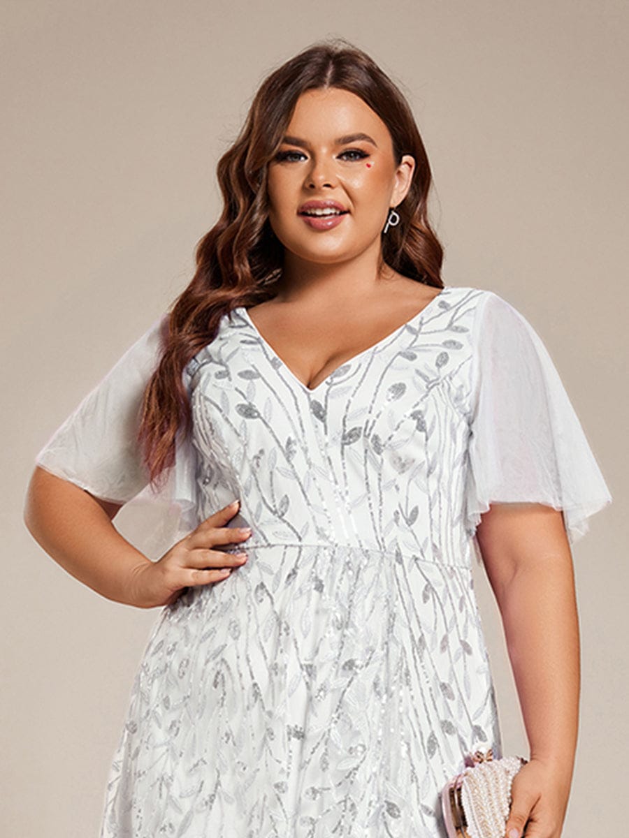 Plus size sequin high-low midi evening dress with short sleeves for women