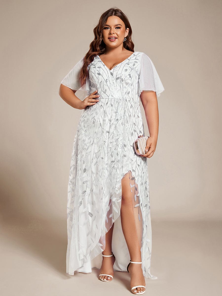 Plus size sequin high-low midi evening dress with short sleeves for women