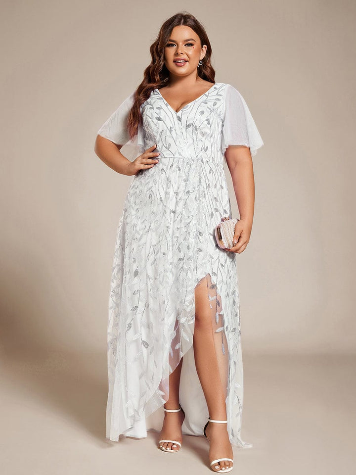 Plus size sequin high-low midi evening dress with short sleeves for women
