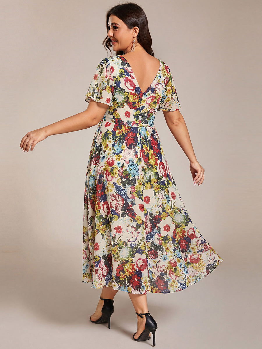 Plus size chiffon double V-neck midi wedding guest dress with ruffle sleeves for women