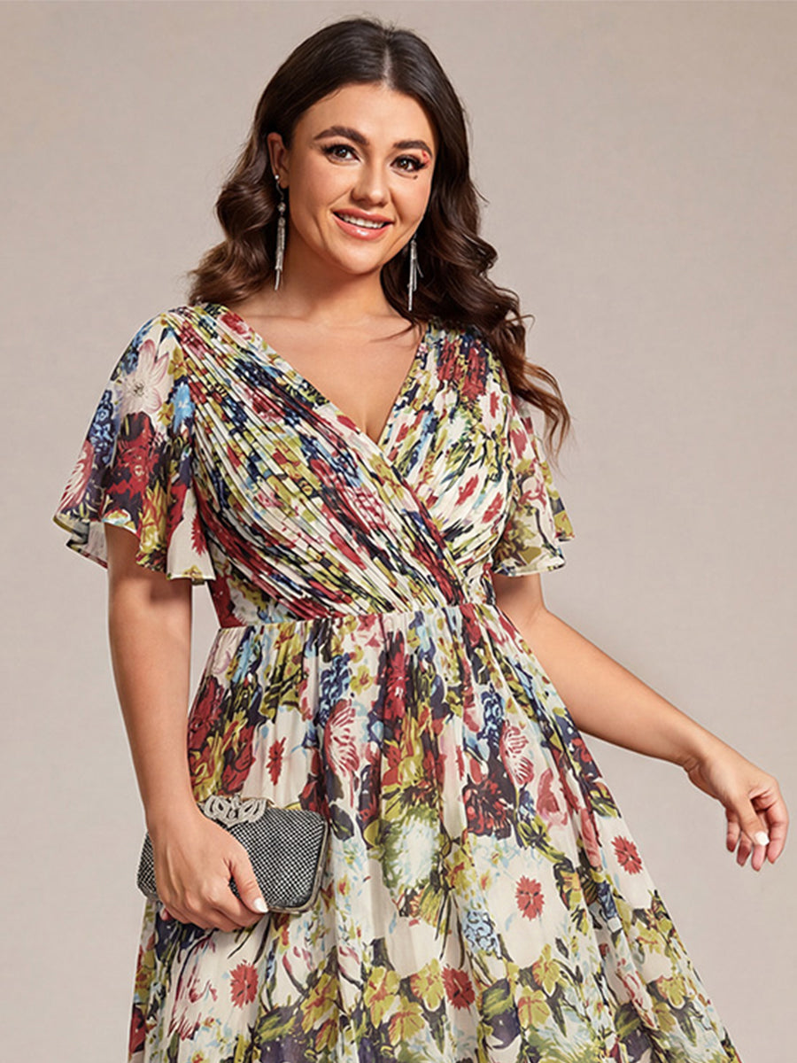 Plus size chiffon double V-neck midi wedding guest dress with ruffle sleeves for women