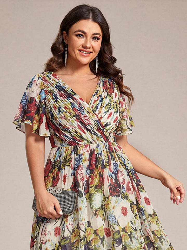 Plus size chiffon double V-neck midi wedding guest dress with ruffle sleeves for women