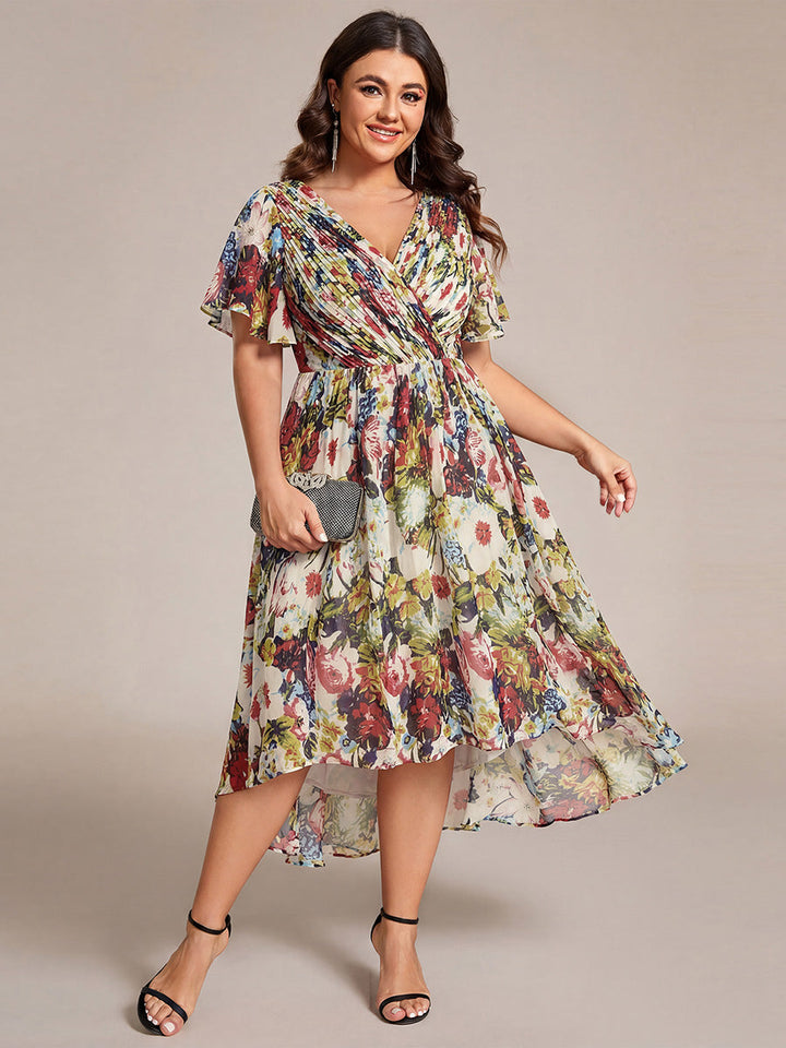 Plus size chiffon double V-neck midi wedding guest dress with ruffle sleeves for women