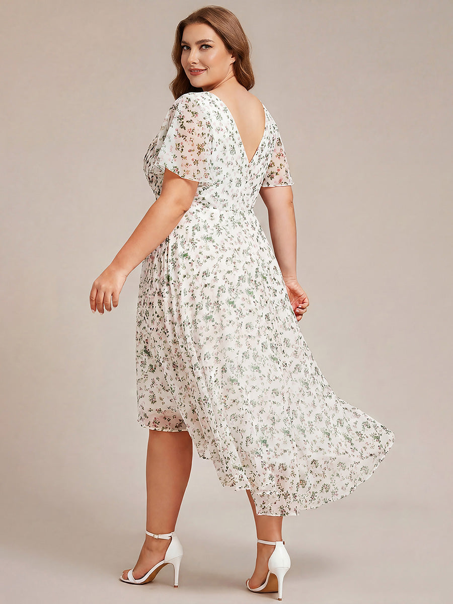 Plus size chiffon double V-neck midi wedding guest dress with ruffle sleeves for women