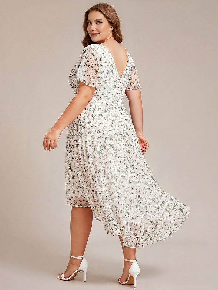 Plus size chiffon double V-neck midi wedding guest dress with ruffle sleeves for women