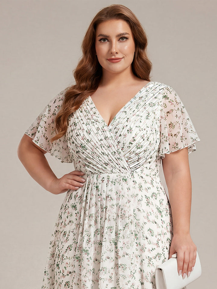 Plus size chiffon double V-neck midi wedding guest dress with ruffle sleeves for women