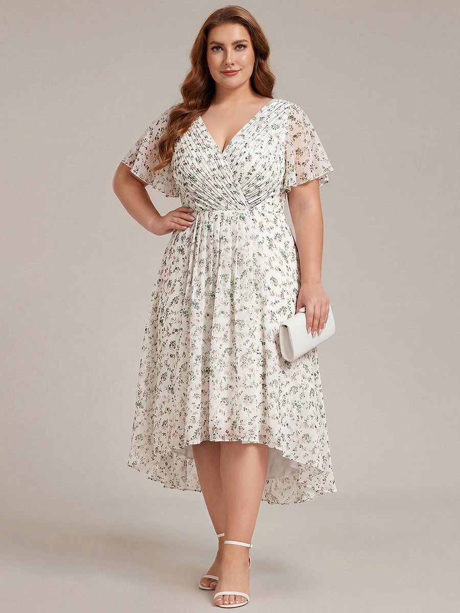 Plus size chiffon double V-neck midi wedding guest dress with ruffle sleeves for women