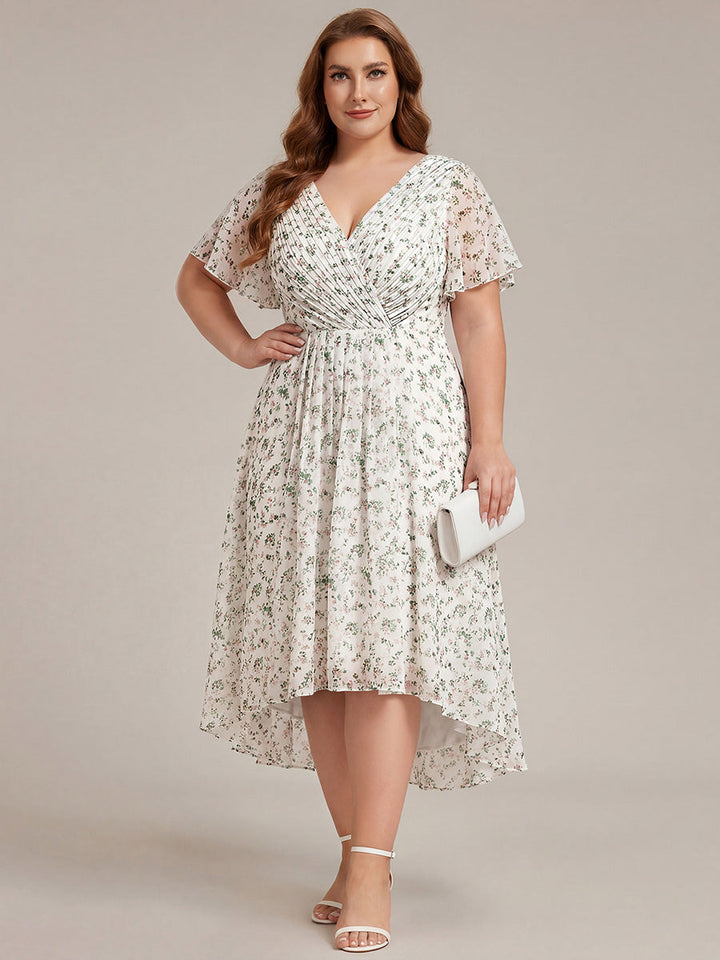 Plus size chiffon double V-neck midi wedding guest dress with ruffle sleeves for women